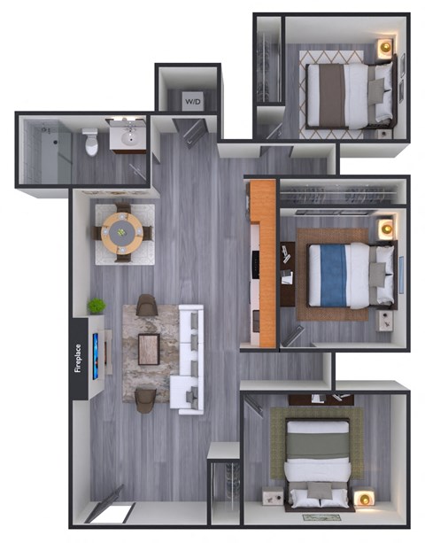 Floor plan for 3 beds, 1 bath, 783 sqft